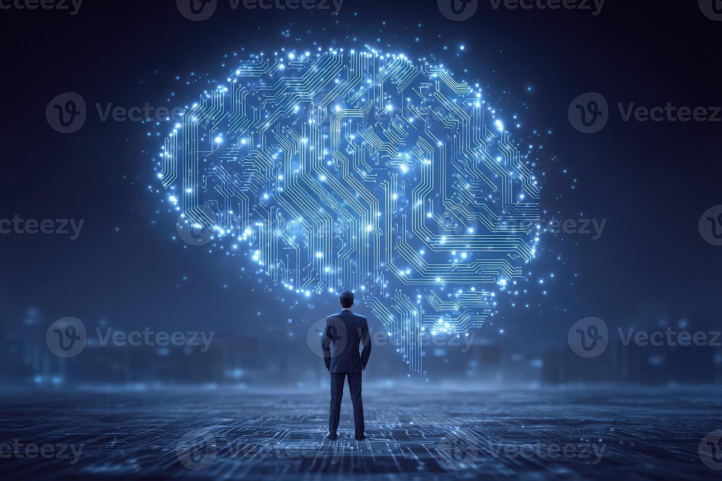 A business professional stands before a large, glowing representation of a brain made of circuits and lights. The backdrop features a futuristic city skyline, reflecting innovation and technology. photo
