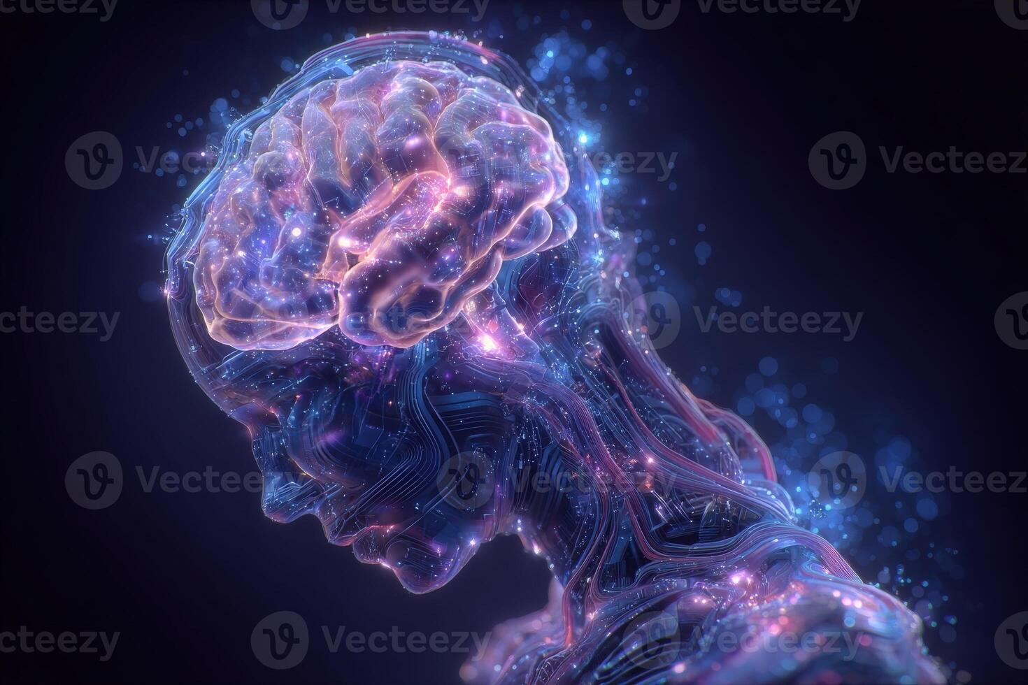 A surreal depiction of a brain emerging from a human silhouette, illuminated by vibrant colors and cosmic elements. photo