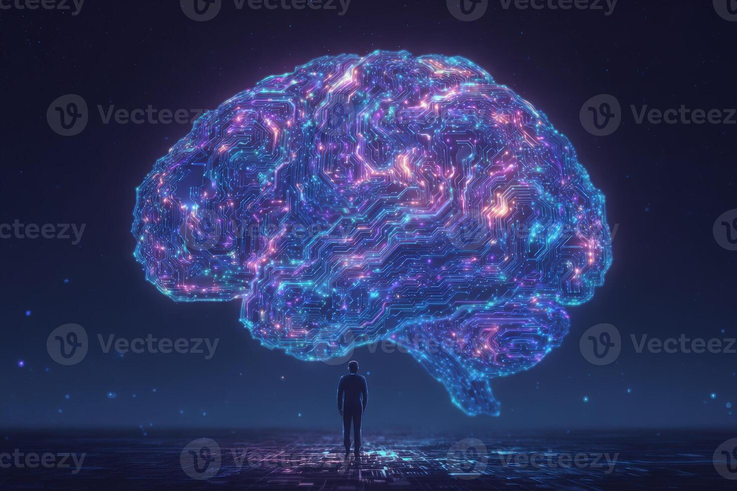 A solitary figure stands before a glowing, stylized brain, intricately designed with circuitry. photo