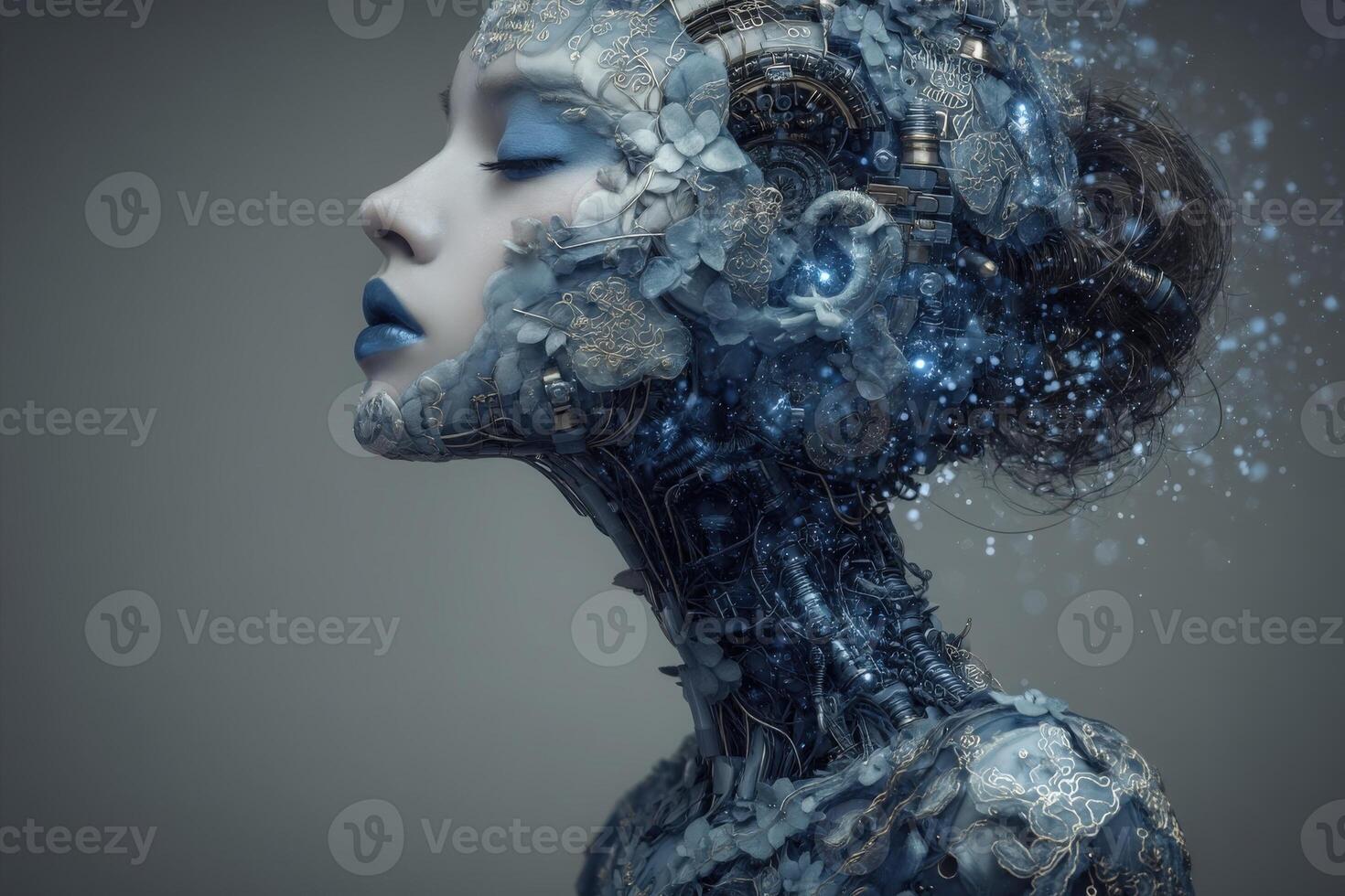 A womans profile emerges from a mix of organic shapes and mechanical elements, featuring floral designs and glowing features. This unique artwork highlights the fusion of nature and technology. photo