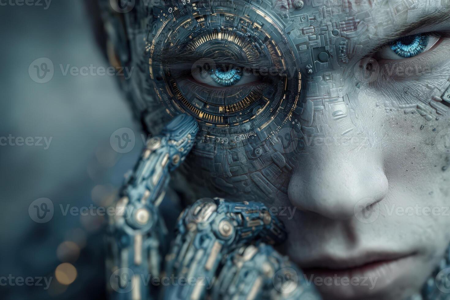 A humanoid figure with intricate robotic skin and a highly detailed eye displays a unique blend of technology and humanity. The environment is dimly lit, enhancing the futuristic vibe. photo
