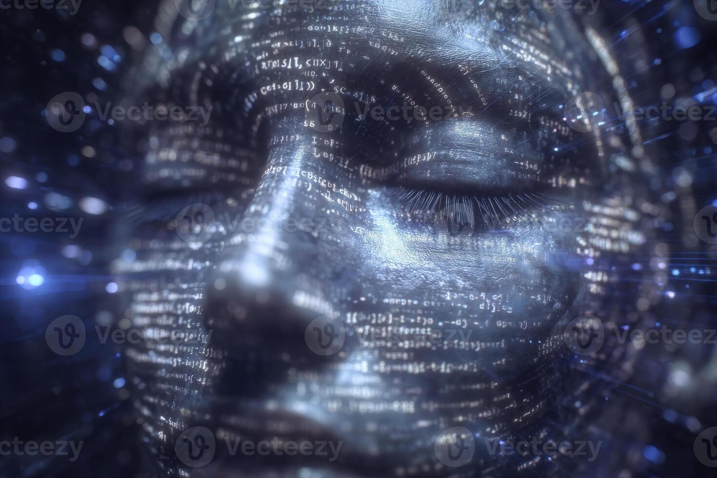 A close-up of a human face appears intertwined with glowing lines of data and code. The eyes are closed, creating a serene expression. photo