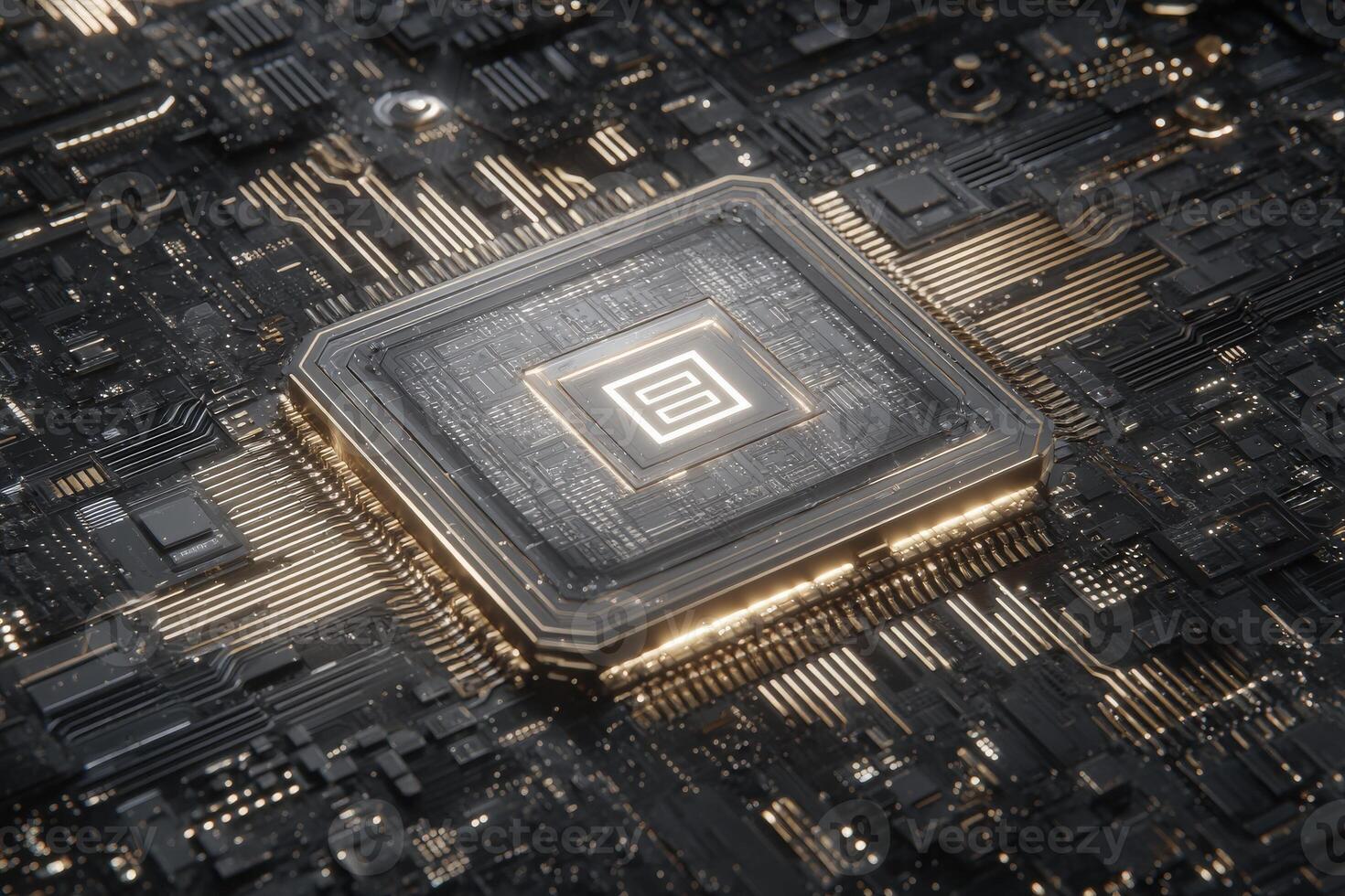 An intricately designed microchip with a gleaming surface sits at the center of a complex circuit board. The arrangement of gold and silver components highlights the advanced technology in use. photo