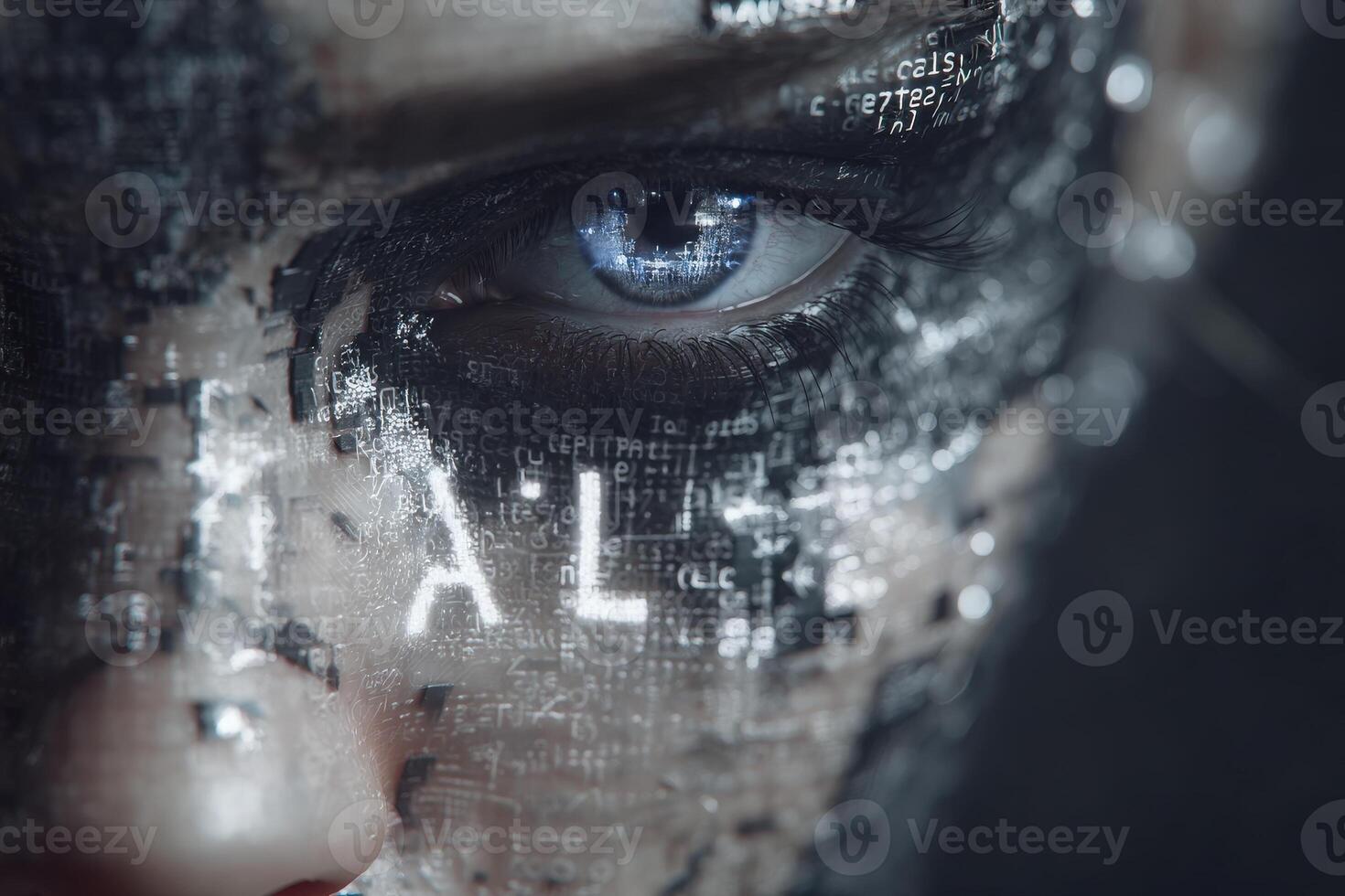 A striking close-up of a human eye surrounded by intricate digital patterns and symbols, reflecting the fusion of technology and identity. The detailed textures evoke a futuristic aesthetic. photo