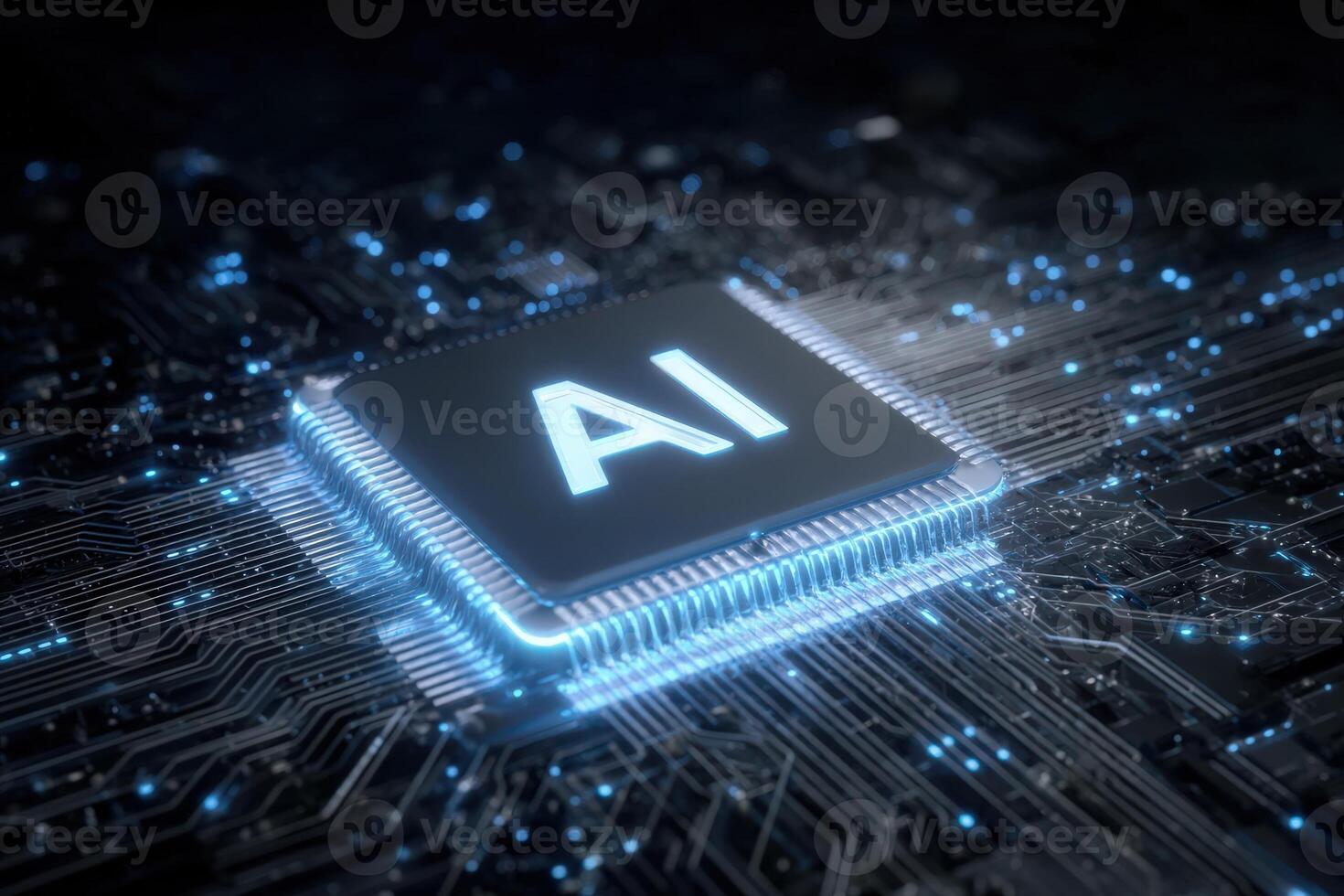A close-up view showcases a microchip with glowing circuits. The letters AI stand out prominently, symbolizing advancements in technology and artificial intelligence. photo