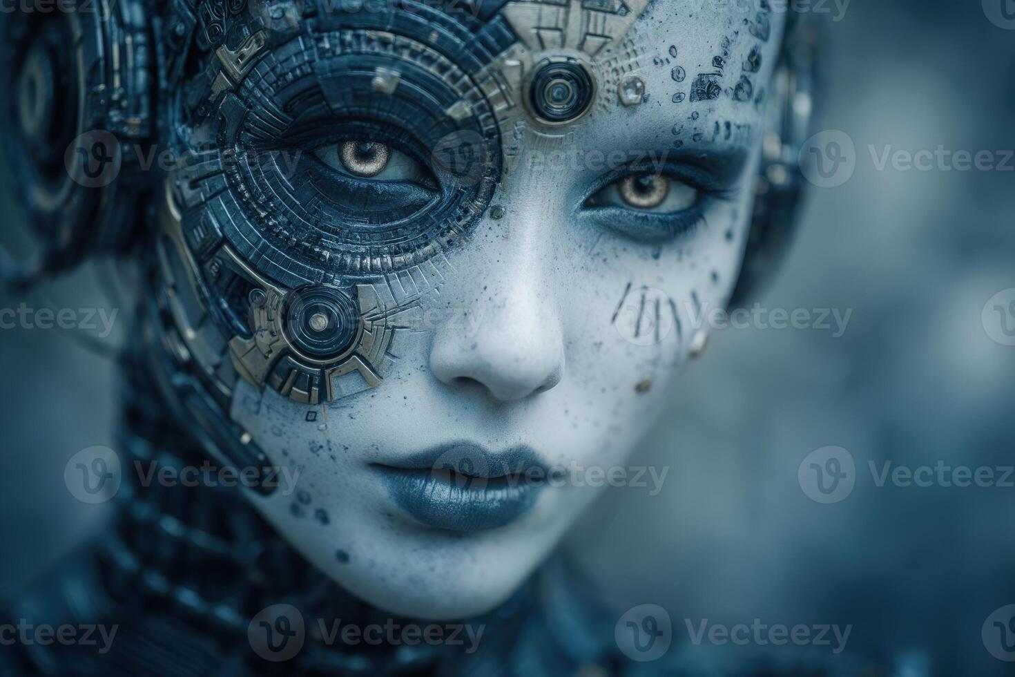 A humanoid figure showcases striking cybernetic details on the face and neck, with metallic components and glowing eyes, evoking a blend of human emotion and machine precision in a futuristic setting. photo
