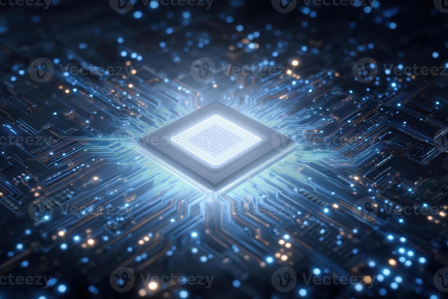 A detailed circuit board features a glowing microchip at its center, with intricate lines and connections illuminated in a dark setting, highlighting modern technological advancements. photo