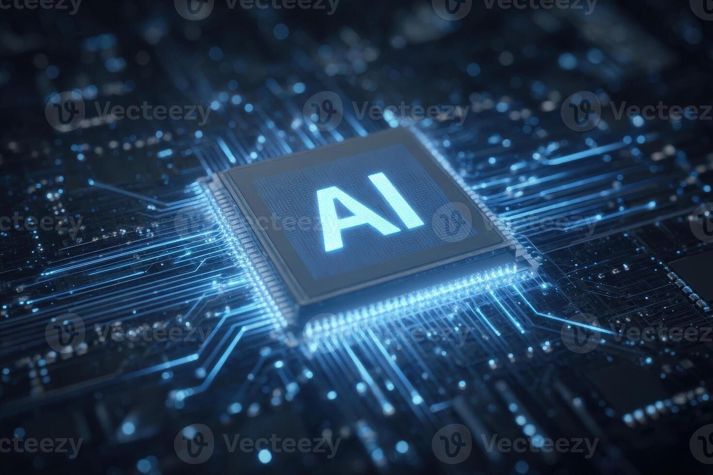 A close-up view of a circuit board with a prominently displayed AI chip, illuminated in blue. Surrounding the chip are numerous interconnected electronic pathways, highlighting advanced technology. photo