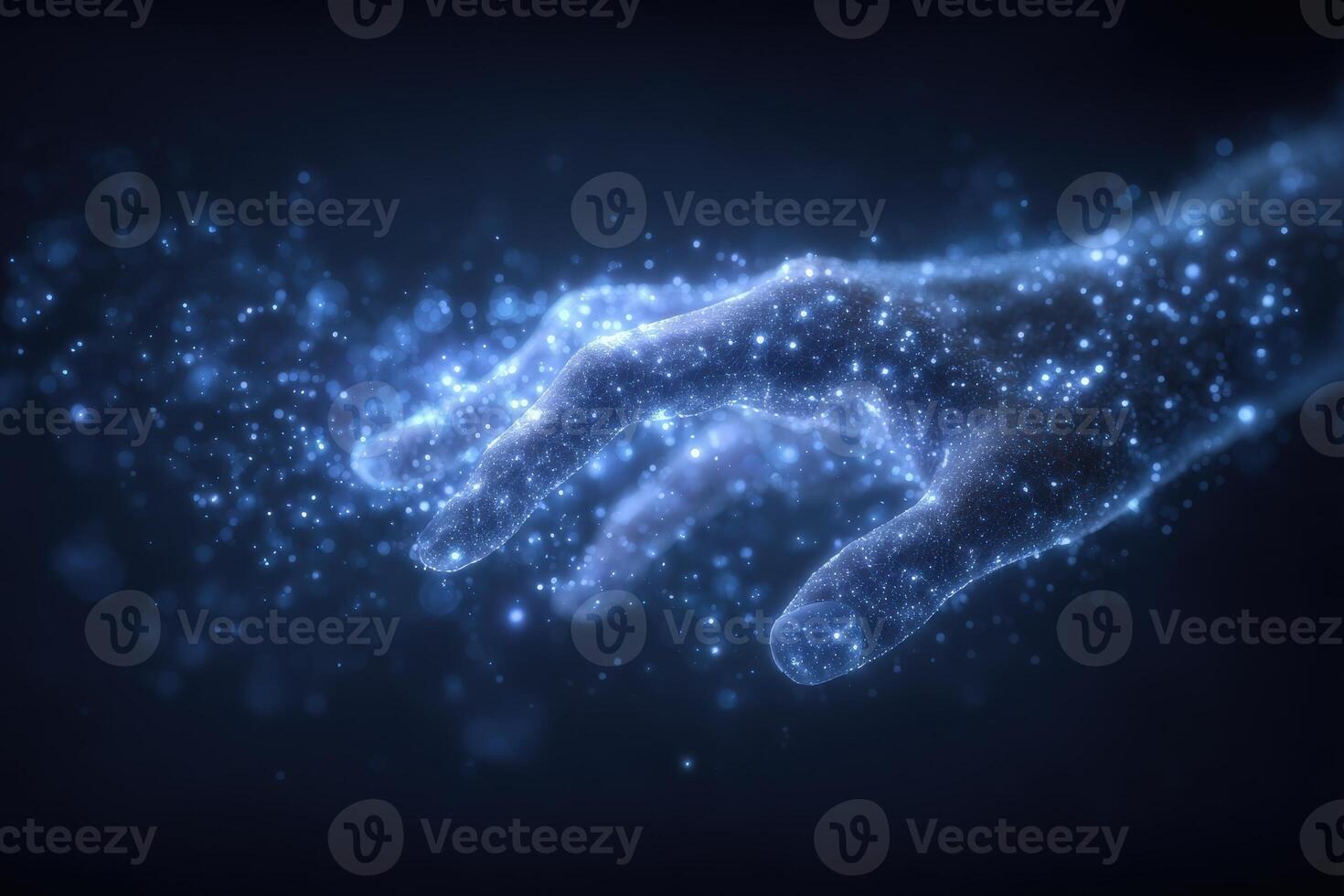 A glowing hand extends into the darkness, surrounded by sparkling particles resembling stars. This ethereal representation evokes feelings of connection and vastness in a cosmic setting. photo