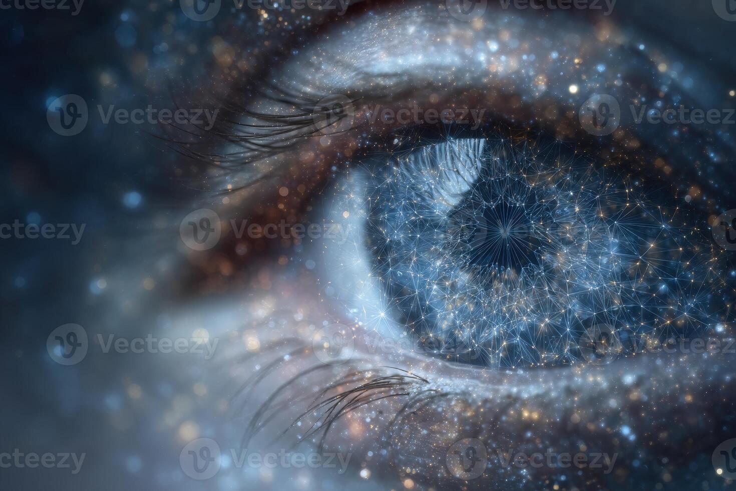 A close-up view of an eye displaying cosmic patterns and blue tones, revealing the beauty of stars and galaxies. The design creates a sense of wonder and connection to the universe. photo