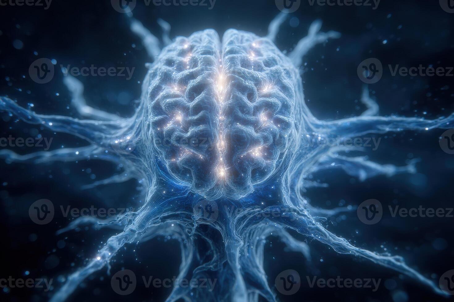 A detailed visualization showcases a brain-like structure surrounded by luminous neural pathways. The intricate connections appear in a dark, cosmic backdrop, symbolizing complex neural interactions. photo