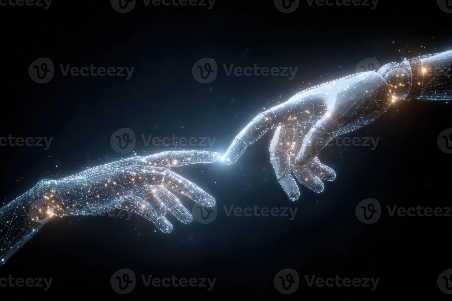 Two hands, one human and one robotic, reach out towards each other in a cosmic setting. Glowing lines of light connect them, symbolizing the integration of technology and humanity. photo