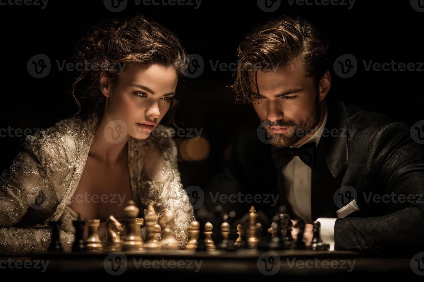 A couple focuses intently on a chess game, surrounded by a dark atmosphere illuminated by warm light. Their expressions reveal deep concentration and competitiveness during the late evening. photo