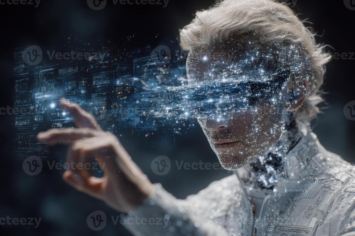 A futuristic figure with white hair interacts with floating digital projections. The individuals eyes are obscured by an advanced visor, suggesting immersion in a virtual environment. photo