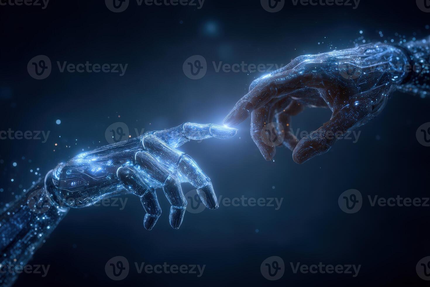 Two hands, one human and one robotic, reach toward each other in a dark environment filled with shimmering lights. The scene emphasizes the interaction and connection between humanity and technology. photo