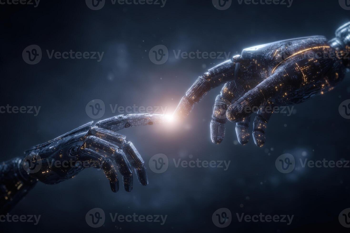 In a dimly lit environment, two robotic hands reach towards each other, creating a connection with a bright energy source. The scene evokes themes of technology and unity. photo