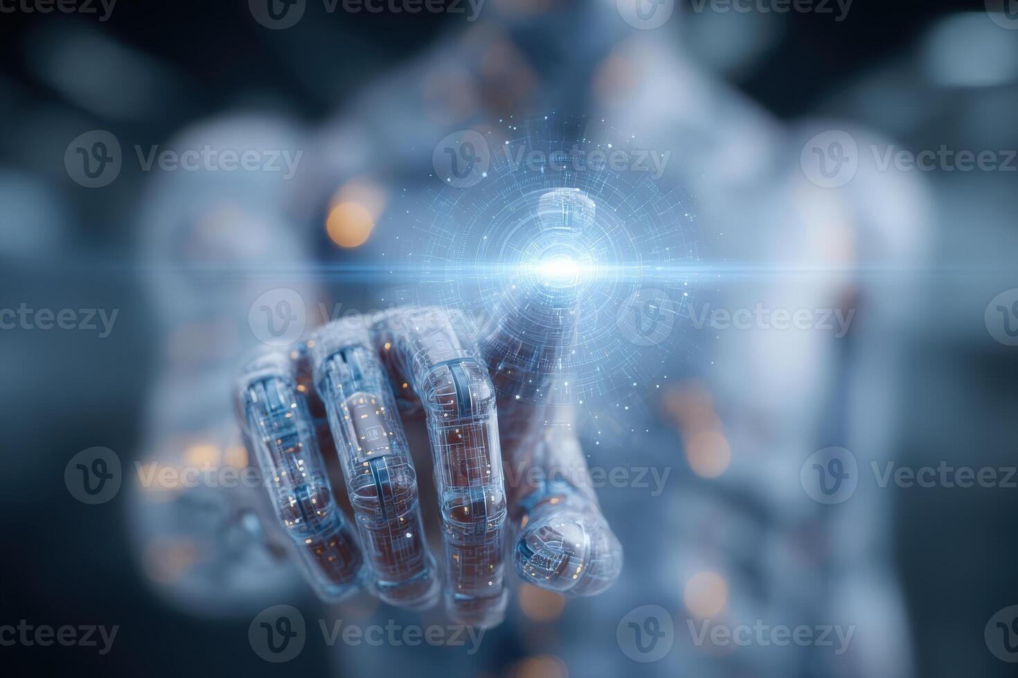 A robotic hand extends forward, making contact with a glowing holographic sphere. The background features a blurred, high-tech setting filled with digital elements and lights. photo