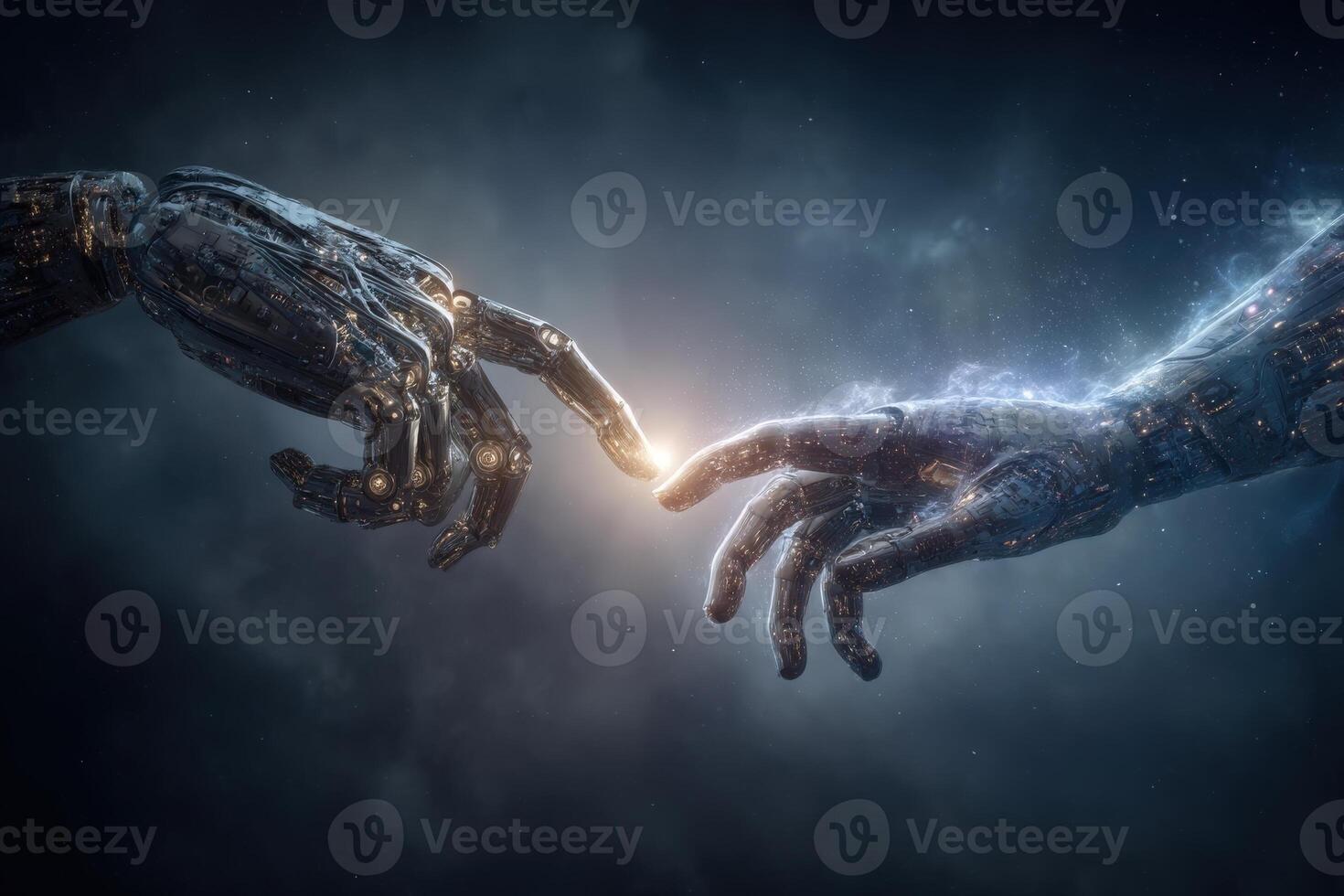 Two hands reach out to each other, one robotic with intricate mechanical details and the other organic with a soft, glowing light. photo