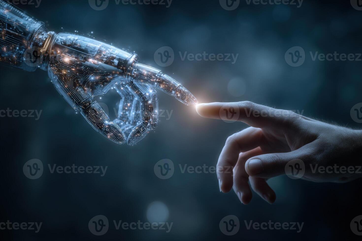 A human hand and a robotic hand reach toward each other, almost making contact. The robot hand glows faintly, symbolizing interaction between technology and humanity. photo