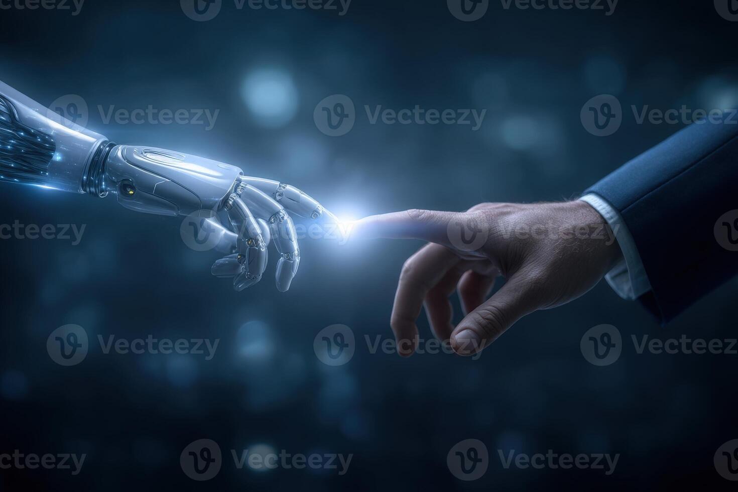 A human hand reaches out to touch a robotic hand, creating a moment of connection. The background is dark and blurred, emphasizing the interaction. photo