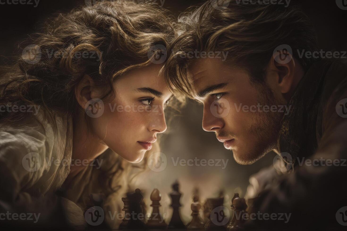 Two individuals focus intensely on each other across a chessboard, highlighting a moment of suspense and strategy. The warm lighting and close proximity create an intimate atmosphere. photo