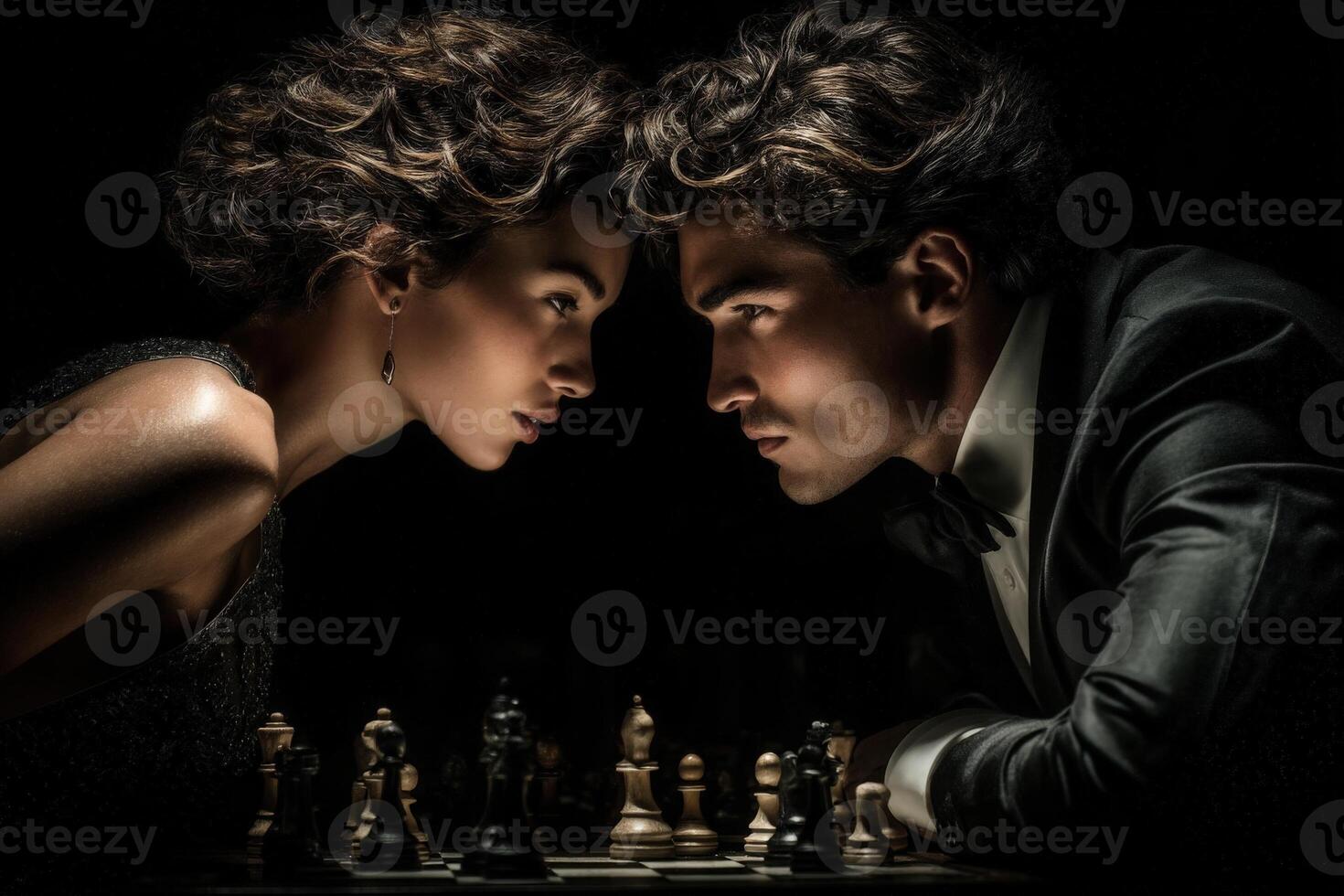 A man and woman stare intensely at each other while engaged in a chess match. photo