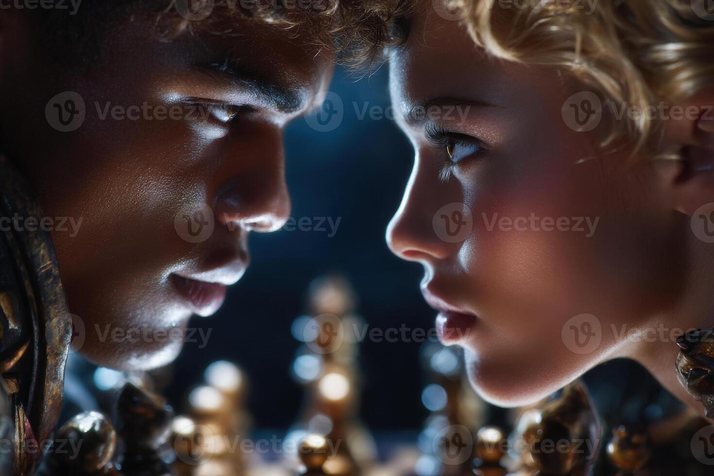 Two players are locked in an intense chess match, their faces reflecting determination and focus. In the background, chess pieces create an atmospheric setting that enhances the competition. photo