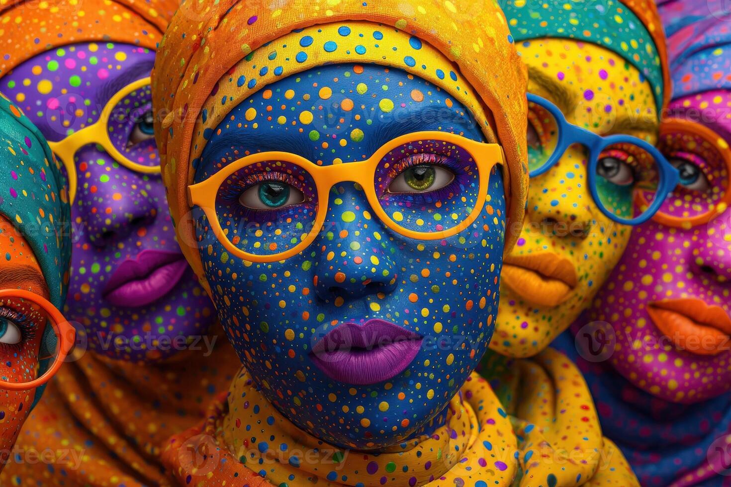 A group of individuals showcases stunning body art with bright polka dots, colorful head wraps, and bold makeup. They exude energy and creativity during a festive gathering. photo