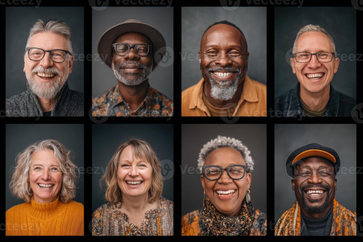 A vibrant collection features eight individuals smiling happily, showcasing a variety of ages, styles, and backgrounds. Each person expresses warmth and positivity, set against a simple backdrop. photo