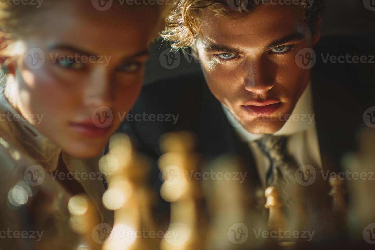 Two individuals concentrate intently on their chess game, surrounded by soft, dramatic lighting that accentuates their expressions and the chess pieces. The setting suggests a thoughtful atmosphere. photo