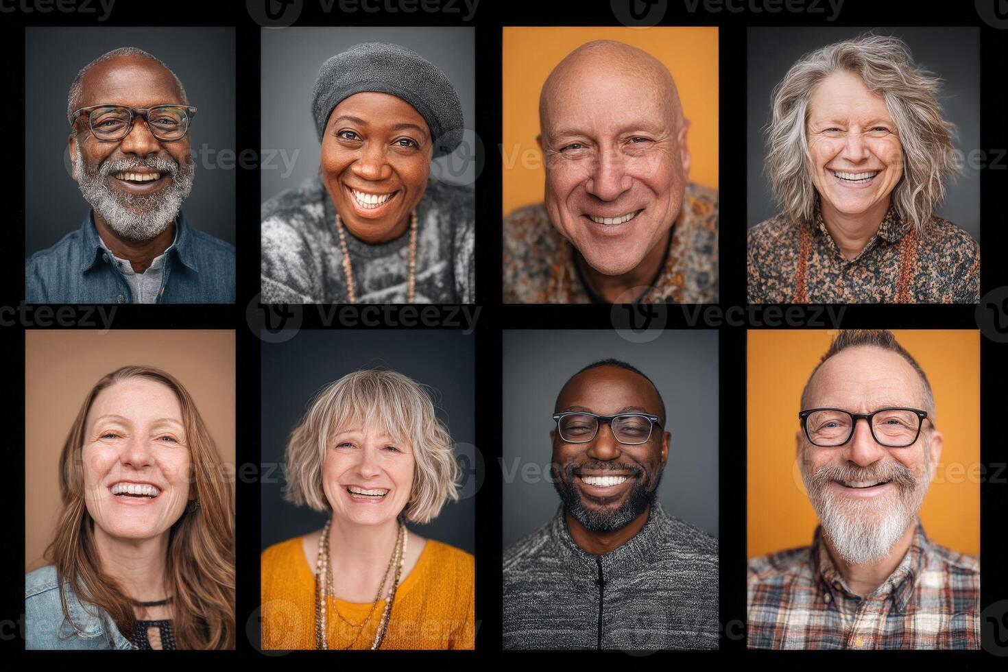 Eight smiling individuals are captured in a grid format, each displaying happiness. photo