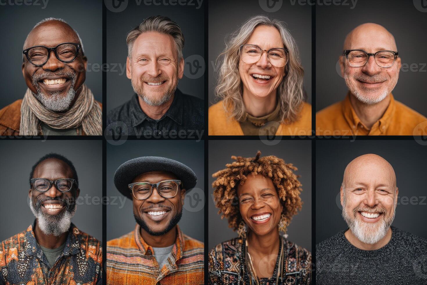 A collection of portraits featuring diverse individuals smiling warmly. Each person displays unique expressions and styles, reflecting joy and camaraderie in a unified arrangement. photo