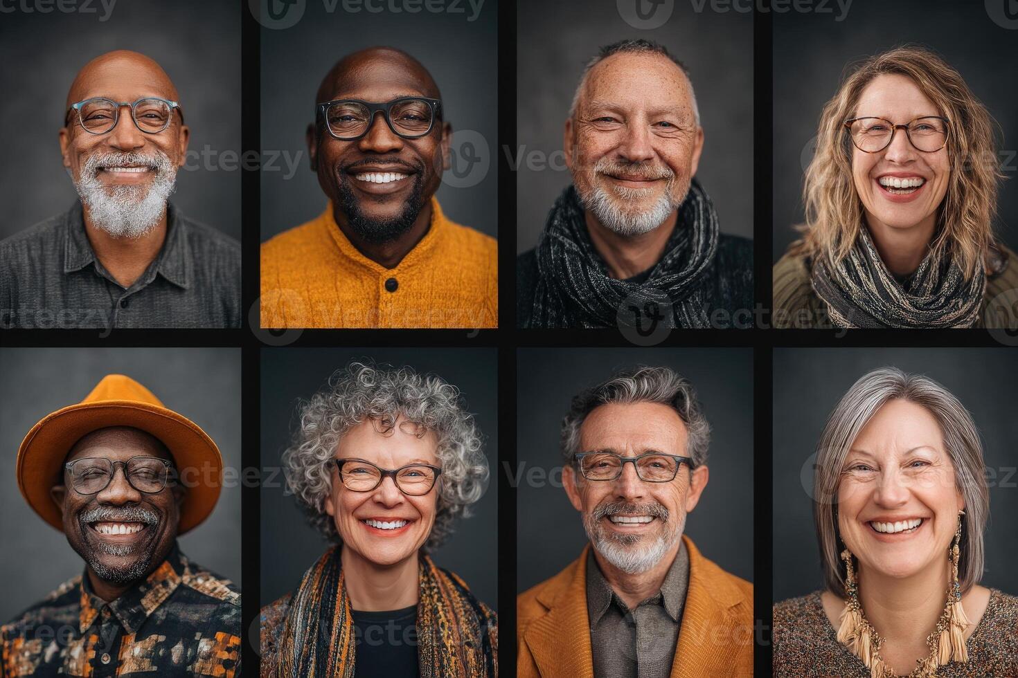 Eight adults of different ages and ethnicities display genuine smiles in individual portraits. Each person is dressed in colorful clothing and unique accessories, set against dark backgrounds. photo