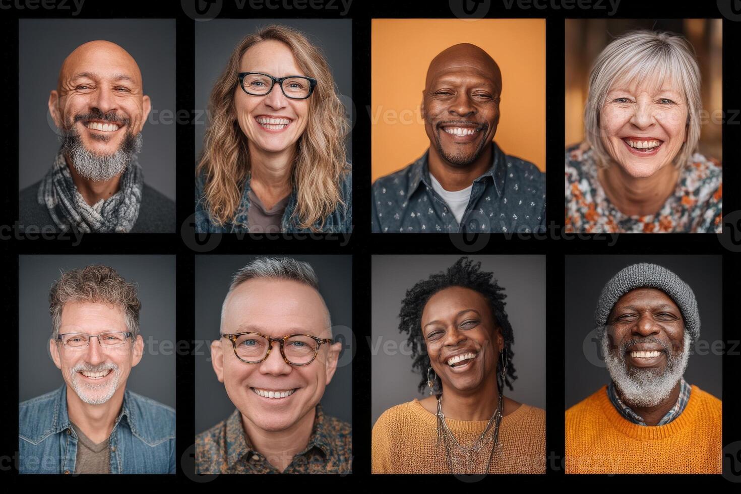 Eight individuals in a grid display a range of smiles and expressions, showcasing diversity and warmth. The backdrop features contrasting colors, highlighting their joyful moment together. photo
