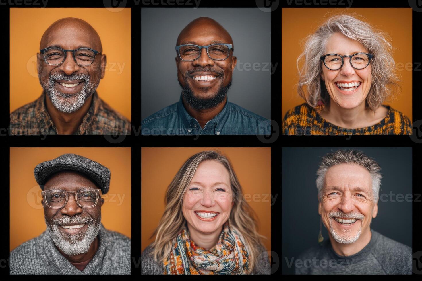 Six individuals are portrayed with joyful expressions, highlighting diversity in age and ethnicity. The background features warm tones, creating a welcoming atmosphere of celebration and togetherness. photo
