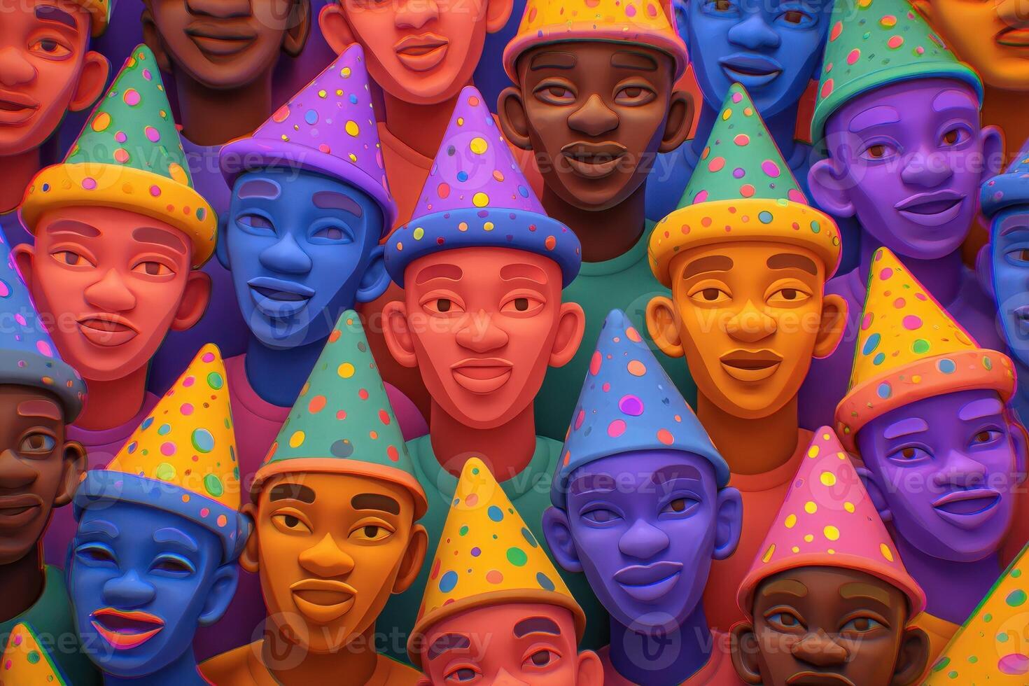 A crowd of brightly colored figures with cheerful expressions wears festive party hats adorned with multicolored dots. photo