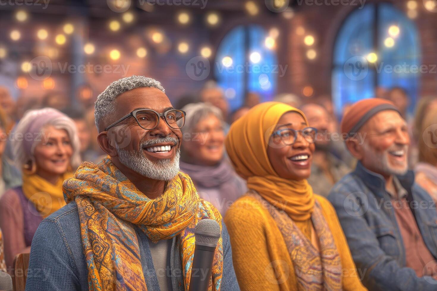 A cheerful audience of older adults engages with a performance, filled with laughter and joy. The warm venue is decorated with twinkling lights, creating an inviting atmosphere. photo