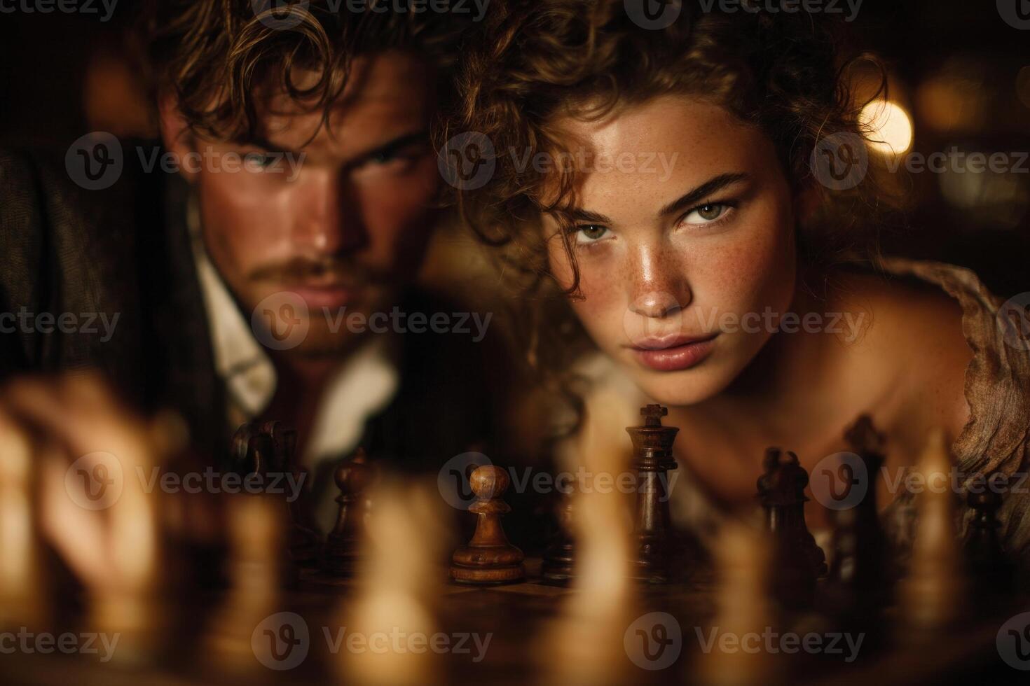 Two players engage in a tense chess match, their expressions revealing concentration. The soft lighting enhances the atmosphere, focusing attention on the game and their determined faces. photo