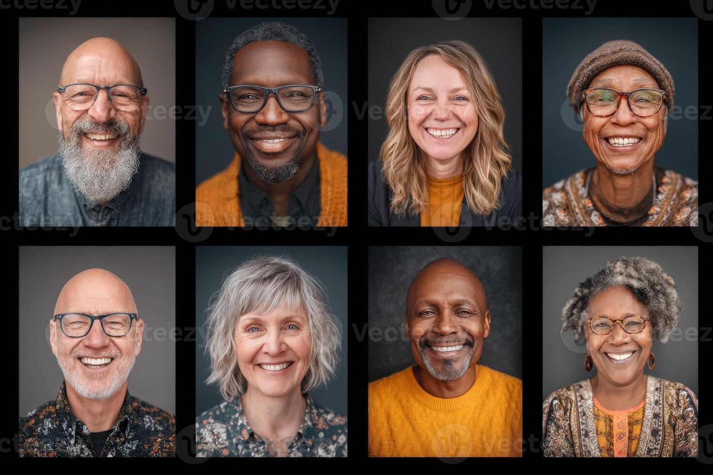 A collection of diverse individuals smiling warmly at the camera, each with unique features and expressions. They are dressed in colorful attire against a dark background, radiating positivity. photo