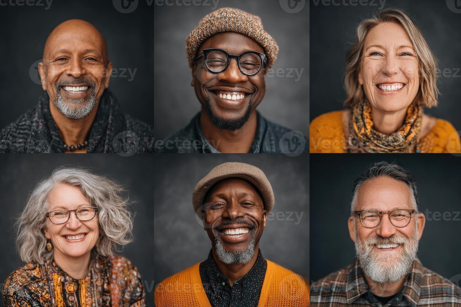 Six adults with varied hairstyles and styles smile brightly against a neutral background, expressing happiness and confidence. Each person showcases their own fashion sense and personality. photo