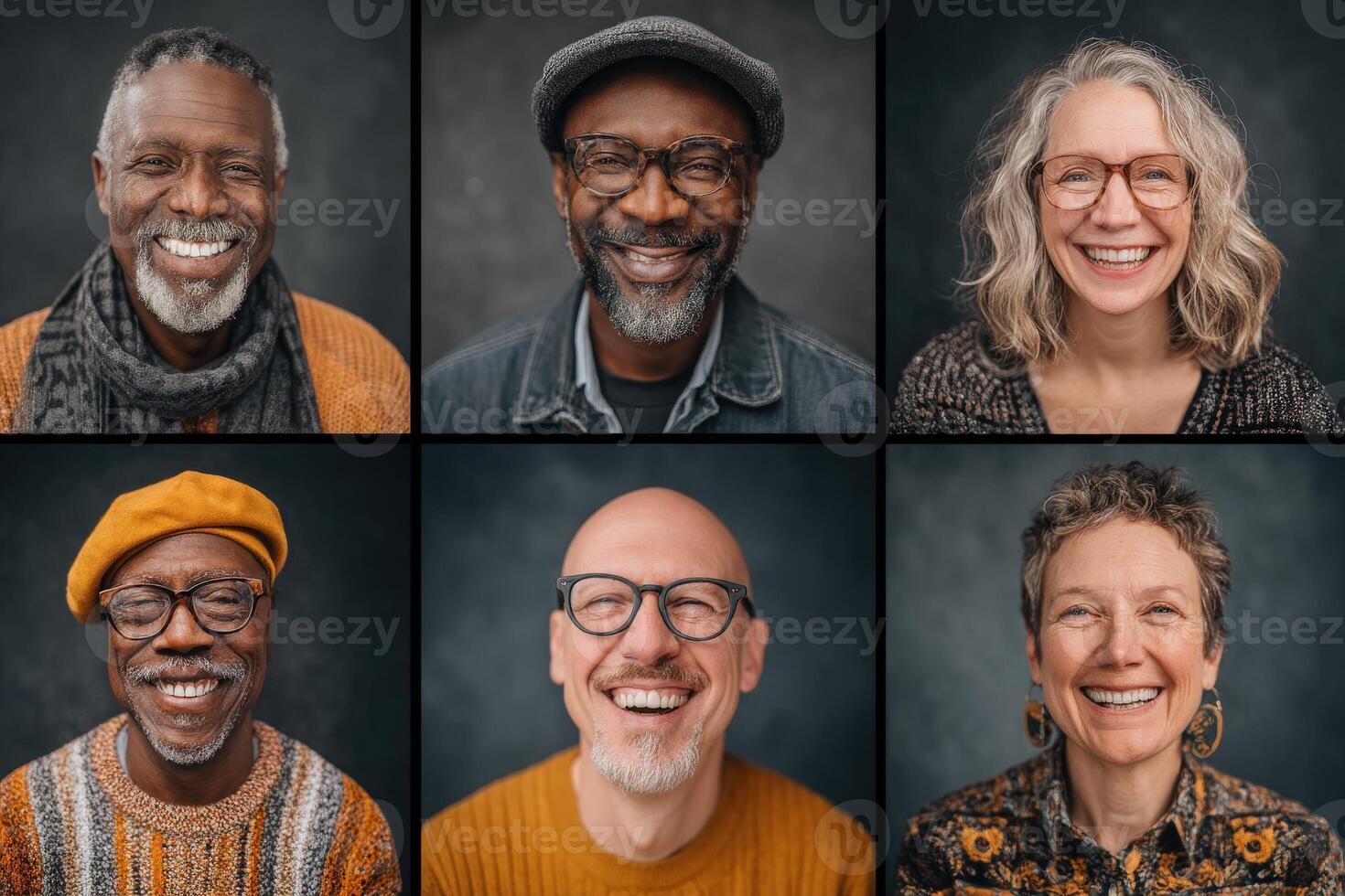 Six adults, representing various backgrounds, smile brightly against a dark background. Their attire varies, reflecting personal style while exuding happiness and positivity during a photo session.