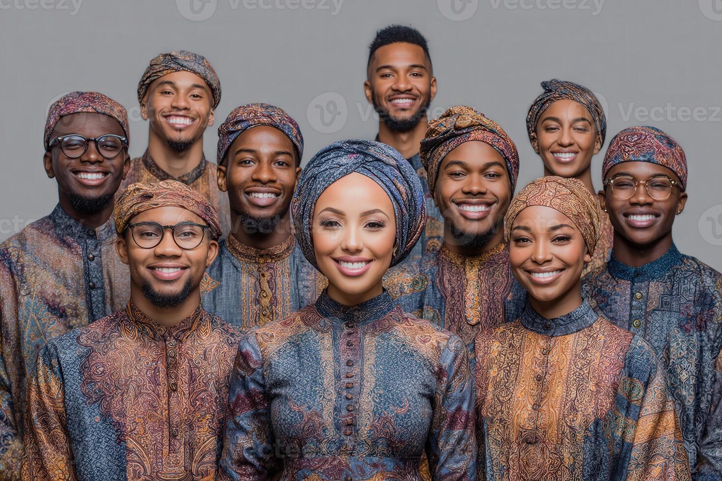 A diverse group of ten individuals stands together, wearing vibrant traditional outfits with matching headwear. They smile happily against a neutral background, showing a sense of unity and joy. photo