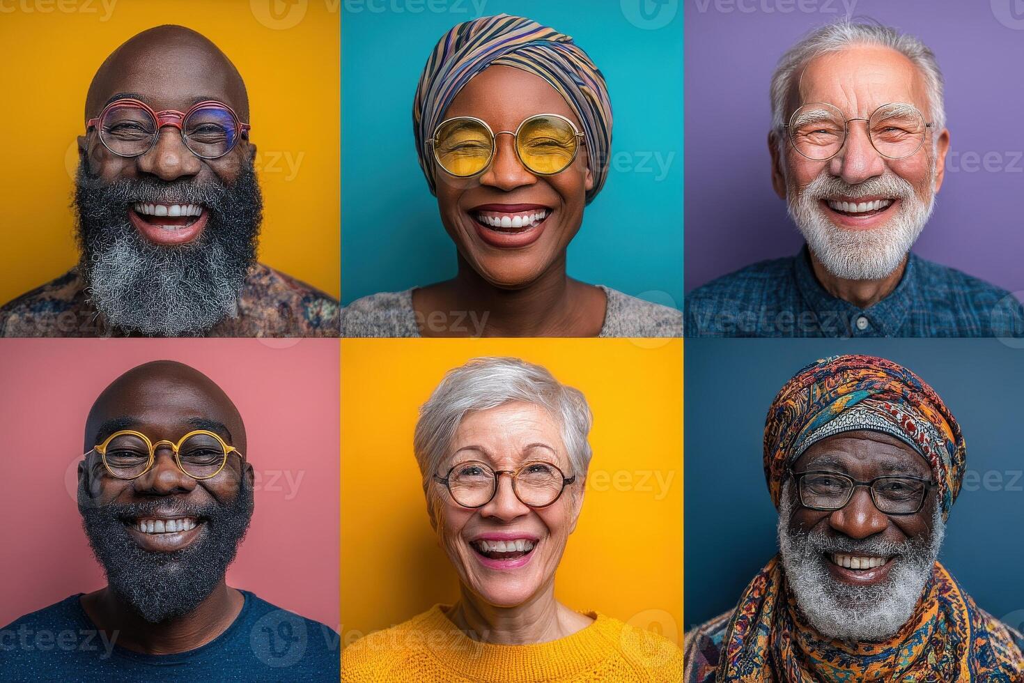 Six adults of varying ages and ethnicities express joy with wide smiles, framed against bold, colorful backgrounds. Each displays unique styles, featuring glasses and distinct headwear. photo