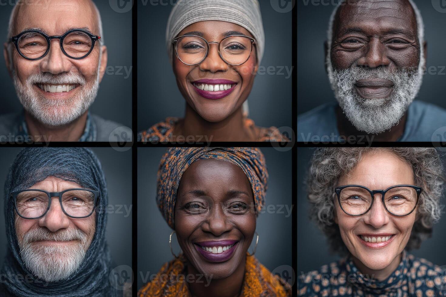 Six individuals of varied backgrounds smile warmly, showcasing joy and personality through their expressions and distinctive attire. photo
