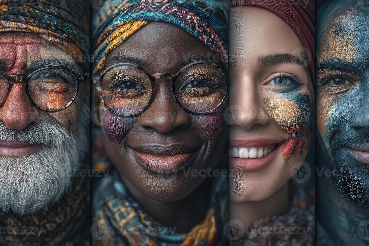 Four individuals display a variety of artistic face paint and colorful scarves, each expressing unique cultural elements. The atmosphere appears lively and celebratory, highlighting diversity and joy. photo