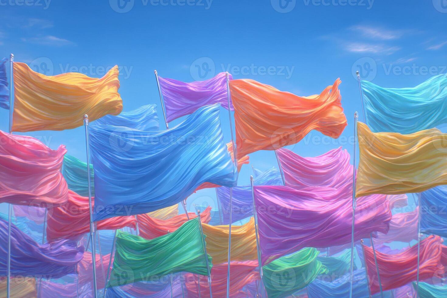 Vibrant flags in various colors flutter against a clear blue sky, creating a lively atmosphere. The dynamic movement of the fabric showcases a festive and cheerful setting. photo