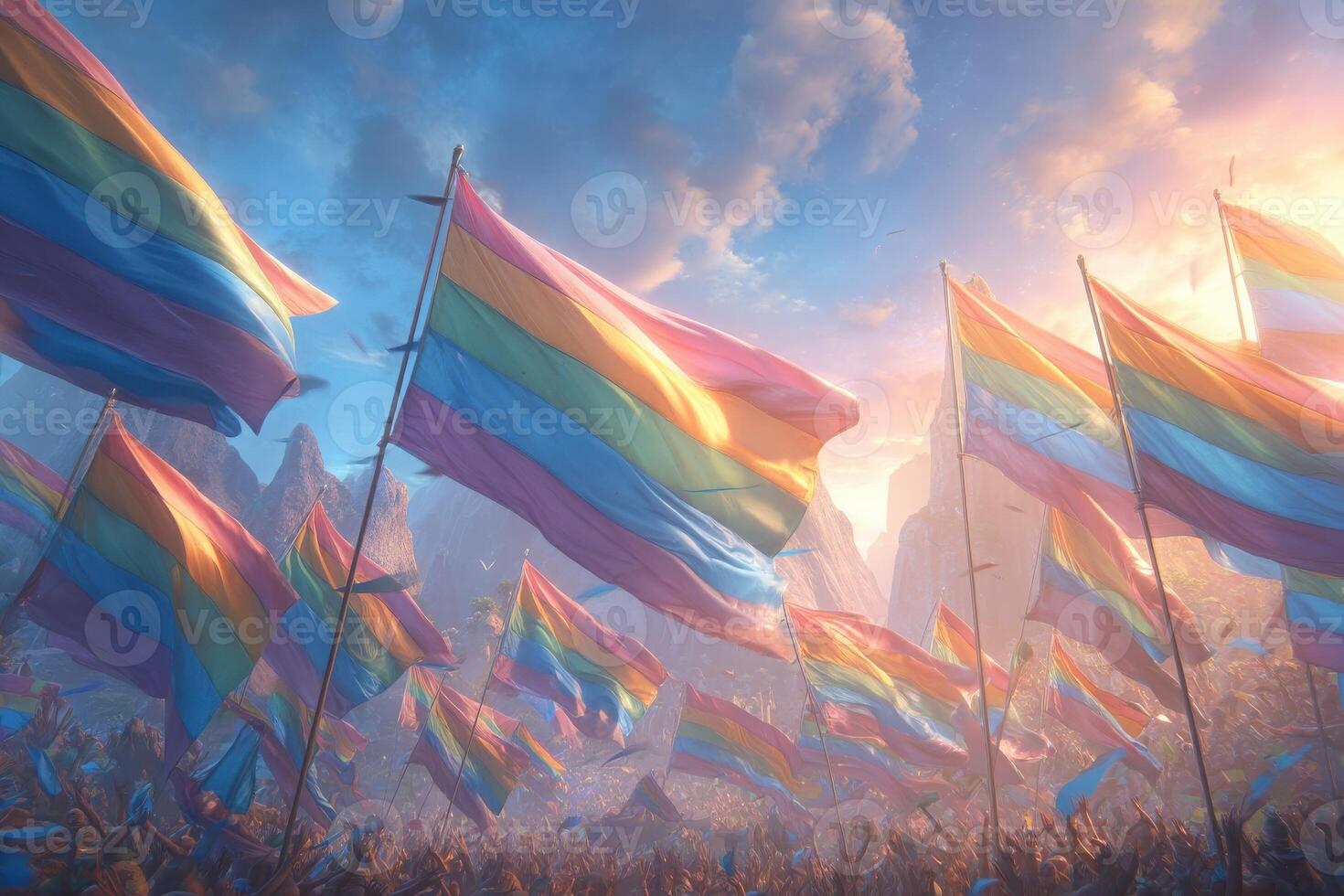 A multitude of rainbow flags stands tall in the foreground, creating a vibrant display during a lively celebration. The sun sets behind distant mountains, casting a warm glow. photo