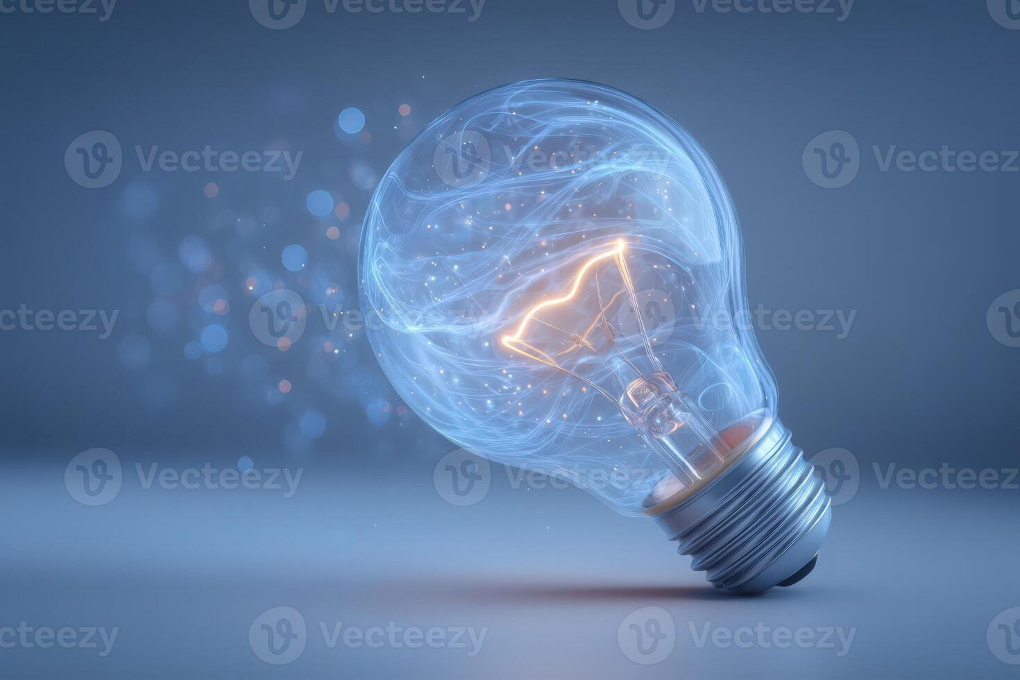 A light bulb is positioned on a smooth surface, glowing with a brilliant filament. Surrounding it are sparkling particles, creating an enchanting atmosphere of innovation and creativity. photo