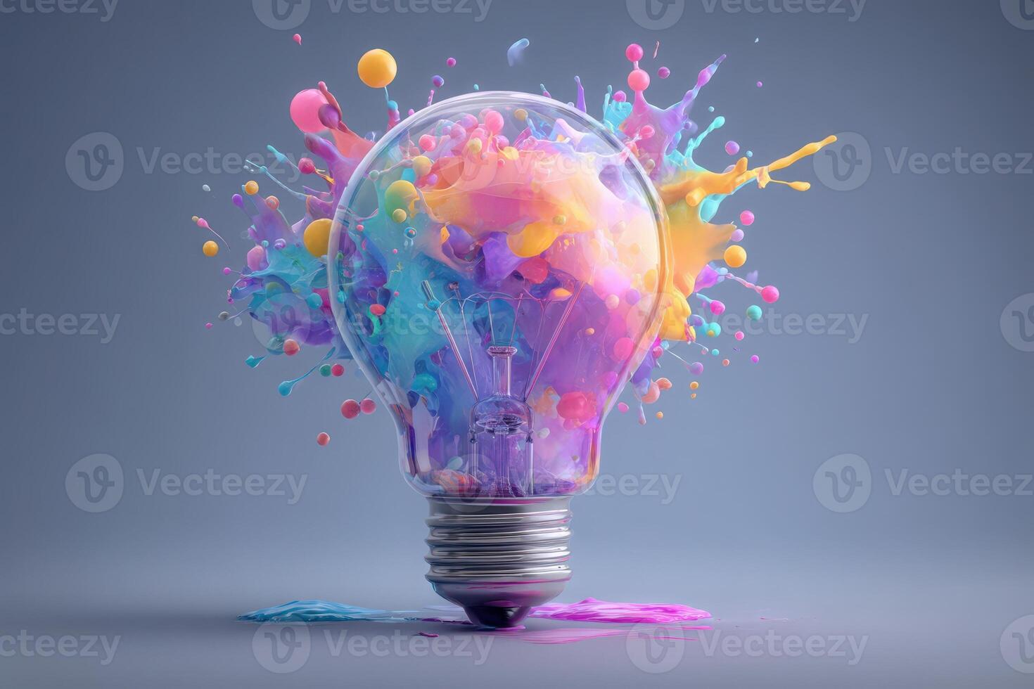 A vibrant light bulb filled with splashes of pink, blue, and yellow paint creates a dynamic display of color. The scene captures the essence of creativity and imagination in a modern artistic style. photo