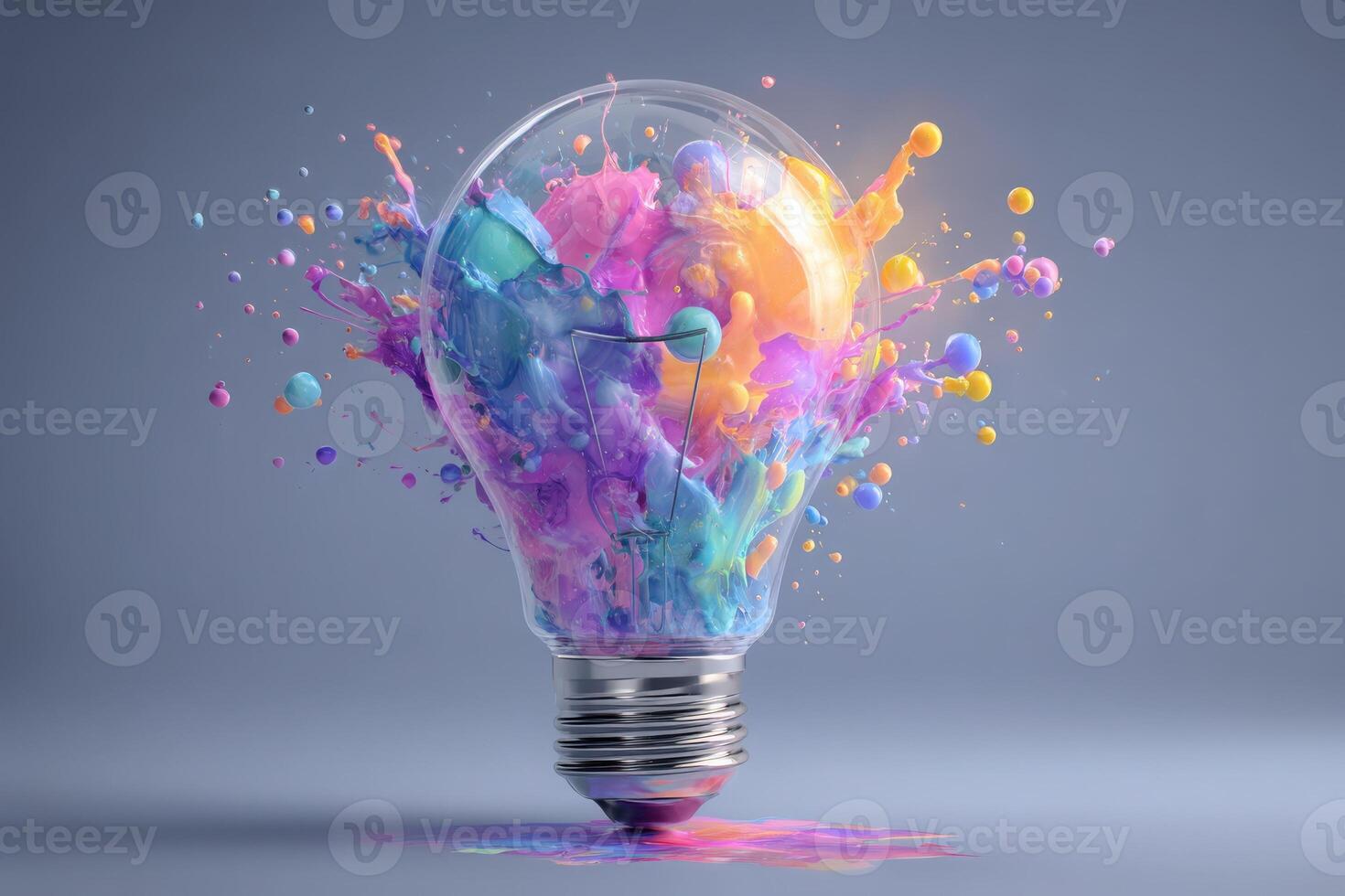 A light bulb filled with vibrant colors bursts, sending splashes of blue, pink, and orange around it. This artistic representation illustrates the concept of creativity and inspiration. photo